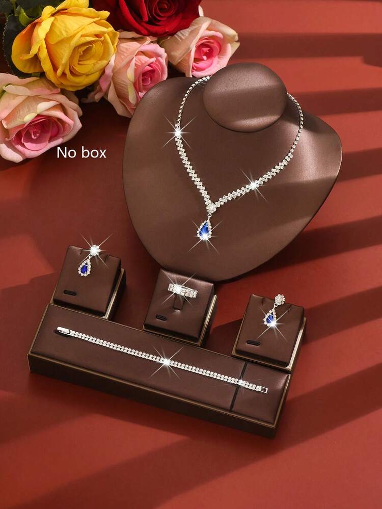 3pcs/Set Silver Metal Rhinestone Necklace, Earrings And Bracelet Jewelry Set, Bridal Wedding Accessories - 734783424-2 Royal Blue Set - HB - View 3