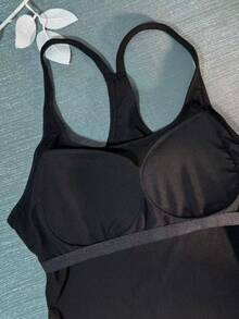 女士无袖加垫吊带背心，薄款弹力针织吊带背心，简约风格夏季服装 - 黑色 - 查看 9