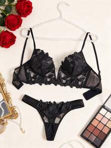 Christmas Lingerie Ladies' Charming, Sexy And Romantic Transparent Lace Set With Blue Flower Embroidery - màu đen - Xem 8