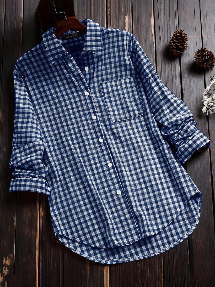 Women's Spring/Summer Long Sleeve Vintage Plaid Casual Shirt,Long Sleeve Tops - Navy Blue - View 1