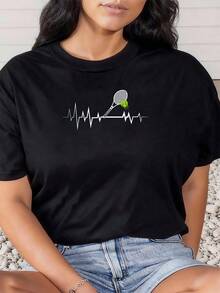 Tennis Herzschlag Shirt Sportliebhaber Tee T-Shirt Grafik T-Shirts Frauen Crop Tops Sommer Outfits für Frauen Sommer Tops T-Shirt - Schwarz - Übersicht 1