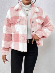 Abrigo de solapa de manga larga con cuadros casuales de felpa para otoño e invierno para mujer,Chaqueta para mujer,Chaqueta de cuadros para mujer - Rosa - Ver 3