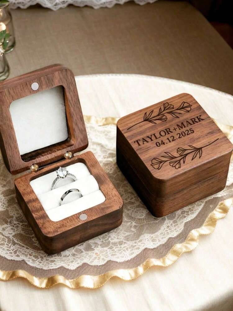1 pieza Caja personalizada para anillos con 2 ranuras, Caja de anillos cuadrada de nogal, Caja personalizada para anillos de boda, Caja de anillos de compromiso tallada, Para anillos de boda, Caja de anillos de madera con grabado láser para propuesta, compromiso, aniversario, San Valentín, cumpleaños - Multicolor - Añade 2