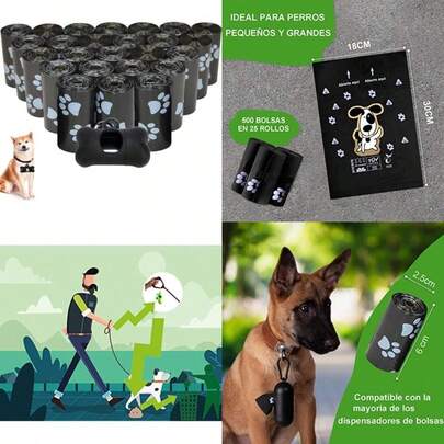 Bolsas para desechos de mascotas,Bolsas para Desperdicios de Perros 25 rollos en 375,Desechable portátil,Respetuoso con el medio ambiente, a prueba de fugas, duradero y fuerte, sin perfume(Negro)(negro)