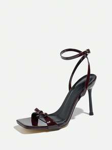 Women's High Heels, Suitable For Spring/Summer Night Parties, Gatherings, Outdoor Occasions, Fashion Socialite High-End Banquet, Black Color, Square Toe, Shiny, 3D Butterfly Decor, Strap , High-Quality Soft Mirror Material, Sexy Adjustable Ankle Strap, Elegant And Luxurious Wine Red Color, Matching Dresses And Formal Outfits, Ballroom Party High Heels - Burgundy - View 6