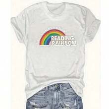 Women's T-Shirt Fitted Tops Print Y2K Crew Neck Tee-Plus Size - Women'S Red T-Shirt - Reading Rainbow Graphic Tee With Book Design - Casual Everyday Shirt For Teachers, Book Lovers - Valentine'S Day & Back To Outfits - Soft Everyday Top, Teacher Apparel, Playful Design, Comfortable Fit-Summer Festival Fashion, Adult Heavyweight T-Shirt - 白色 - 查看 2