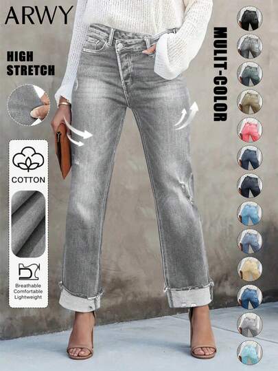 Jeans rectos y casuales para mujer, ajustados y cómodos, adornados con detalles de bigotes de gato. Denim de peso ligero y con elasticidad media. Cierre con botón y cremallera. Diseño de largo completo, adecuado para uso diario.