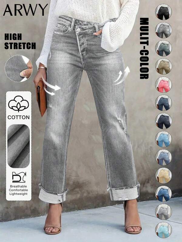 Elegant Women's Straight-Leg Jeans With Button, Zipper, Pockets And Distressed Details, Suitable For Party Or Casual Everyday Wear Spring