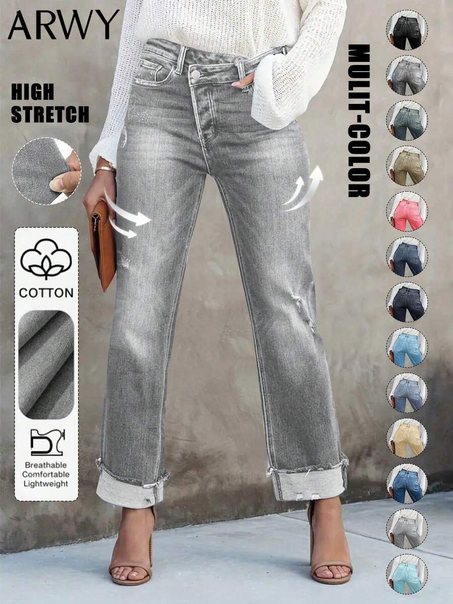 Elegant Women's Straight-Leg Jeans With Button, Zipper, Pockets And Distressed Details, Suitable For Party Or Casual Everyday Wear Spring - Light Grey - View 1
