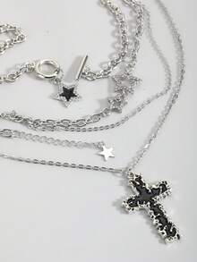 3件套水钻星星、十字架和流苏项链套装，闪亮锆石吊坠项链，独特哥特式女士颈链 - 銀色 - 查看 5
