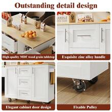 Kitchen Island, Removable Partitions, Removable Casters Like Kitchen Cabinets, Dining Cart With Countertop, Buffet Cabinet, Dining Cart With Wood Grain, Side Towel Rack With Casters, White - White + MDF+Metal - View 10