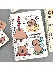 1/4 水豚螺旋笔记本，柔软皮革，可爱水豚图案设计，动物主题风格，每本 50 页内页，是学生和办公礼品、日记本、学习用品、学校用品的理想之选（混色） - 彩色 - 查看 6