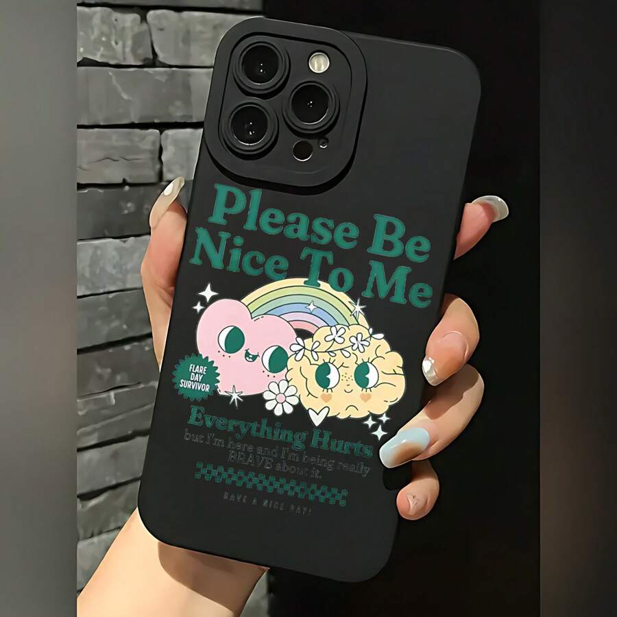 2026 nueva funda de teléfono mate, funda de teléfono con diseño de nubes lindas, arcoíris y flores, por favor sé amable conmigo, todo duele, texto para iPhone 17 14 13 12 11 Pro Max, funda de teléfono Galaxy S23 S22 S21 S20 Plus Ultra, regalo de pareja para él y ella, regalo de San Valentín o cumpleaños - Negro - Ver 1