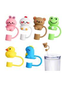 6Pcs Cue Straw Cover Cap For Cup 40 30oz Tumbler, 10mm Reusable Cute Drinking Straw Topper Accessories, Portable Protector Plugs Decorations Gifts For Party Cartoon Flower Straw Dust Cover, Compatible With Stanley Cup Accessories Also Applicable To Other Straw Styles - 彩色 - 查看 1