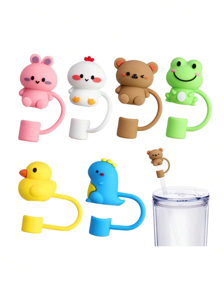 6Pcs Cue Straw Cover Cap For Cup 40 30oz Tumbler, 10mm Reusable Cute Drinking Straw Topper Accessories, Portable Protector Plugs Decorations Gifts For Party Cartoon Flower Straw Dust Cover, Compatible With Stanley Cup Accessories Also Applicable To Other Straw Styles - 彩色 - 查看 1