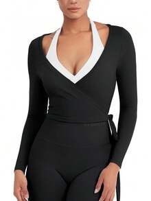 YEOREO Top de Pilates para Mujeres, Manga Larga, Atado, Ballet, Entrenamiento, Yoga, Camiseta Michelie Y2K, Cuello en V, Tops Cortos - Blanco - Ver 7