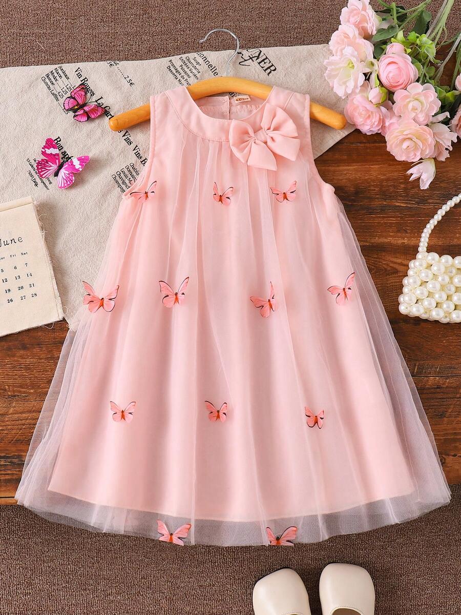 Robe mi-longue en maille d'été pour filles avec décoration de papillon 3D, convient pour les fêtes, les sorties quotidiennes et fait un excellent cadeau d'anniversaire pour les petites filles - Rose bonbon - Voir 1