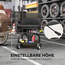 HOMCOM Workshop Stool With Wheels, Shelf Surface, Lumbar Support, 58.5" Height, Rolling Stool With Load Capacity Up To 135 Kg, Work Stool, Rolling Seat, Workshop Seat For Workshop, Black