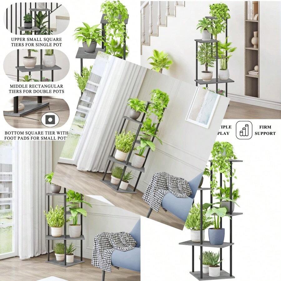 New Plant Stand Indoor 5-Tier Metal Wood Plant Shelf For Multiple Flower Pots Corner Tall Flower Holders For Living Room Balcony Bedroom Oak Grey - 橡木灰 - 查看 1