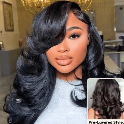  Wigs 100% Human Hair Bye Bye Slip Wig Feathered Layer Left Side Part 200% Density BOB Wig With Secure Silicone Strips And Drawstring Pre Heavy Layer Pre Cut Pre Bleached Pre Plucked Natural Black 7x5 Lace Front Bye Bye Knots Fit All Head Sizes Transparent Lace Can Be Dye Unice Hair