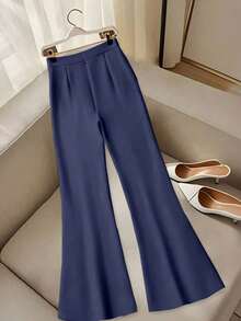 Pantalon évasé à taille haute polyvalent pour le travail quotidien, de couleur unie, avec bouton et fermeture éclair, amincissant pour femmes - Bleu marine - Voir 3