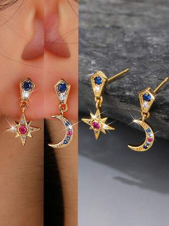 复古波西米亚风彩色锆石不对称星星太阳个性化耳环，时尚月亮星星耳钉