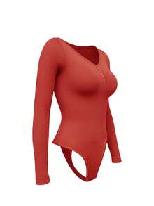 Suprenx 1pc Women's Long Sleeve Tummy Control Lift Bust Bodysuit - Red - View 3