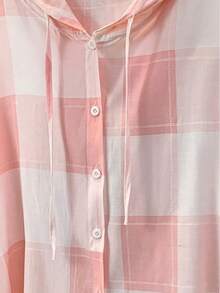 Camisa con capucha de manga larga a cuadros casual para mujer, con botones delanteros, adecuada para otoño, invierno, primavera, escuela, fiesta, rosa - Rosa - Ver 5