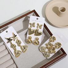1-9对欧美风格金色多面耳环，配有蝴蝶/心形/星星/花朵吊坠，时尚百搭，适合派对和日常佩戴 - 金色 - 查看 2