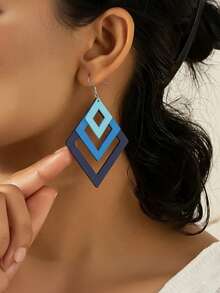 1 Pair Wooden 3-Piece Ombre Rhombus Combination Earrings For Women, Oversized Exaggerated Drop Earrings, Vintage & Unique - Blue - View 5