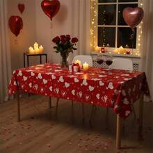 Valentine's Day Plastic Tablecloth Red Heart Disposable Romantic Rectangle Table Cloth For Dining Room - 紅色 - 查看 5