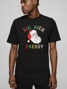 Camiseta Divertida de Nick Energy Grande para Hombre| Impresión gráfica de Santa Claus y Sra. Claus, negro con letras blancas, conjunto casual para fiesta de Navidad, camiseta de manga corta con cuello redondo para regalos navideños y uso durante todo el año, para todas las estaciones, cuello redondo, ajuste regular - Negro - Ver 4