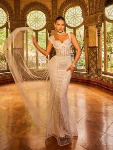 Faeriesty 优雅迷人的闪亮晚礼服，饰以精致的串珠和亮片——薄纱面料上点缀着垂直串珠扇形图案，修身鱼尾廓形 | 适合红毯活动、婚礼招待会、盛大生日派对、夏季度假派对等正式场合，白色春季款 - 白色 - 查看 11