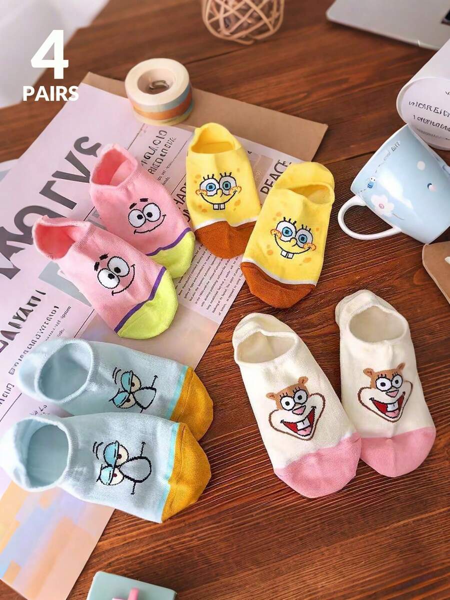 4 pares de calcetines invisibles de SpongeBob, con diversos patrones de personajes de dibujos animados, unisex, calcetines divertidos y casuales adecuados para uso diario y como regalo - Multicolor - Ver 1