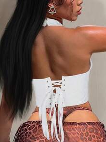 Apperloth A Áo hai dây cổ chữ V màu trắng kiểu Y2K, buộc dây phía trước, hở lưng, thích hợp cho tiệc tùng, hộp đêm, lễ hội âm nhạc, mùa cưới và các dịp khác trong mùa hè. - trắng - Xem 3