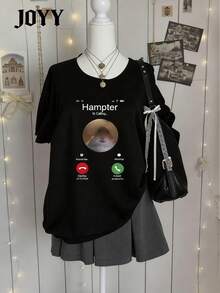 Oversized Short Sleeve Funny Hamster Calling Meme T-Shirt, Cute Gift For Animal Lovers - Black - View 1