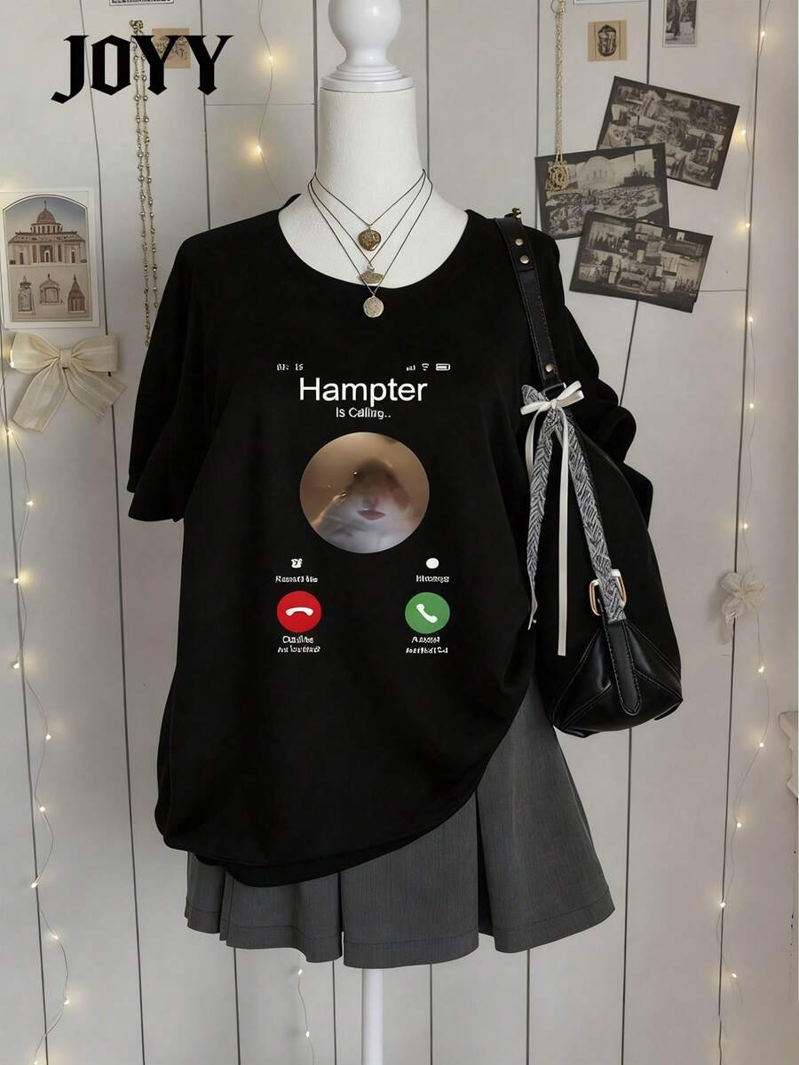 Oversized Short Sleeve Funny Hamster Calling Meme T-Shirt, Cute Gift For Animal Lovers - Black - View 1