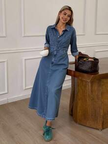 Livesso 女士翻领长袖牛仔连衣裙，下摆开衩