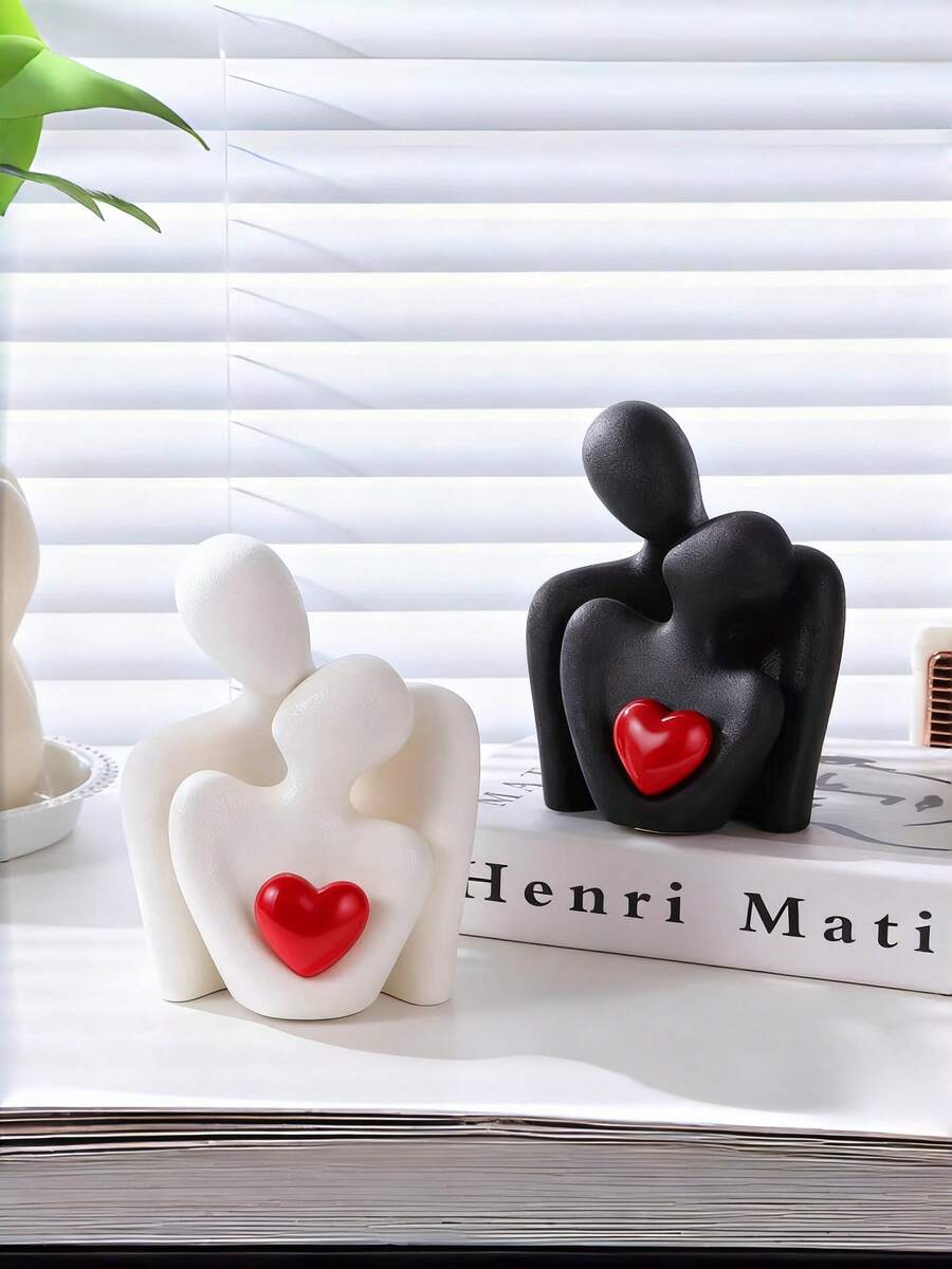 1件现代浪漫爱情拥抱摆件，饰以红色爱心，独特的抽象情侣拥抱树脂摆件 - 多功能家居及办公装饰，非常适合摆放在书架、玄关、卧室、客厅，是完美的 情人节礼物 - 彩色 - 查看 1