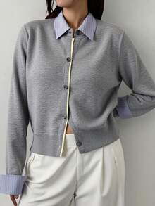 DAZY Women's Contrast Stripe Patchwork 2 In 1 Casual Cardigan - Grey - View 4