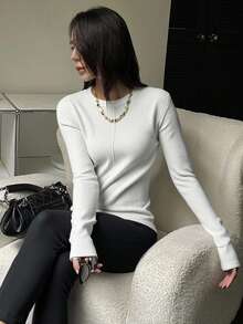 DAZY Women's Loose Business Casual Fashion Street Basic Long Sleeve T-Shirt, Patchwork Design, Autumn - White - View 7