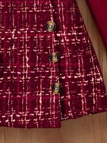 少女纯色荷叶边袖圆领长袖上衣和格子迷你裙套装