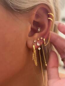 9件套优雅几何立方氧化锆耳钉套装，多款耳夹链耳环，适合女性日常、约会、派对、聚会等场合佩戴。 - 金黃色 - 查看 1