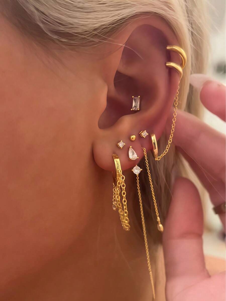 9件套优雅几何立方氧化锆耳钉套装，多款耳夹链耳环，适合女性日常、约会、派对、聚会等场合佩戴。 - 金黃色 - 查看 1