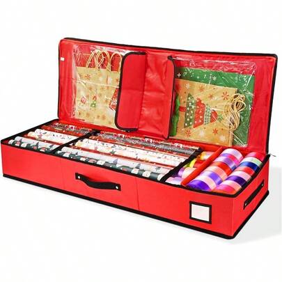 Gift Wrapping Paper Storage Bag 40" HeavyDuty 600D Oxford Fabric Wrapping Paper Organizer With Adjustable Partitions And Clear Pockets For Holiday Accessories And Ribbons Red