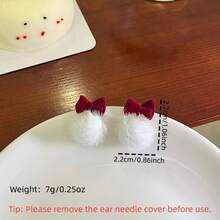 1 Pair Cute Versatile Christmas Red Bow Fuzzy Ball Stud Earrings, Soft Plush Texture, Retro Romantic Earrings, Suitable For Women In Any Occasion, Christmas & New Year - Multicolor - View 7