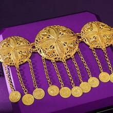 1件金色锌合金圆形腰链新娘腰带，饰有流苏、硬币和图案，镶嵌钻石。情人节配饰 - 金色 - 查看 6