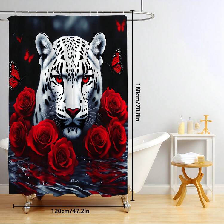 1件/3件/4件情人节动物豹纹玫瑰多功能浴室浴帘装饰套装，赠送12个挂钩，营造优雅节日氛围，包含浴室地垫、U型马桶垫和圆形马桶垫，适用于各种浴室场景。 - 彩色 - 查看 16