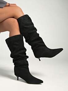 Fall/Winter 2025 New Arrival Kitten Heel Pleated Thigh High Boots, Pointed Toe Over The Knee Tall Boots, Retro Oversized Shaft Riding Boots - Black - View 6