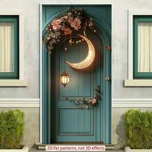 2D Polyester Ramadan Door Banner 1pc Exquisite Moon - Shaped Decor With Lantern And Floral Arrangement For Door Eid Al-Fitr Photo Props And Supplies, Suitable For Muslim Ramadan And Eid Al-Adha Celebrations, Islamic-Themed Holiday Decorations